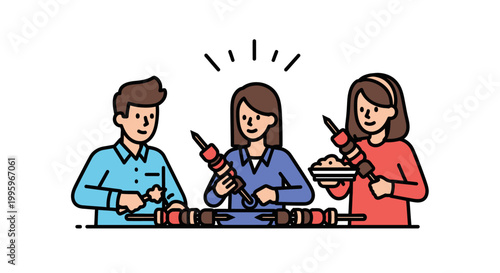 Three cheerful people preparing delicious grilled kebabs together for a barbecue.