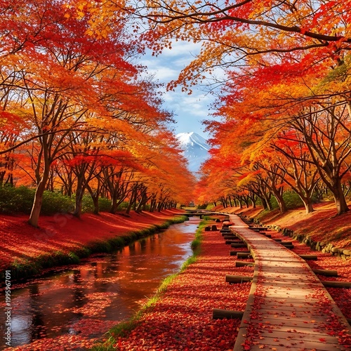Autumnal River Walk - A Vibrant Landscape of Fall Colors.
