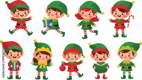 Christmas Elf Characters Set with Cute Holiday Helpers Holding Gifts Candy and Singing Festive Cartoon Flat Vector Illustration Collection