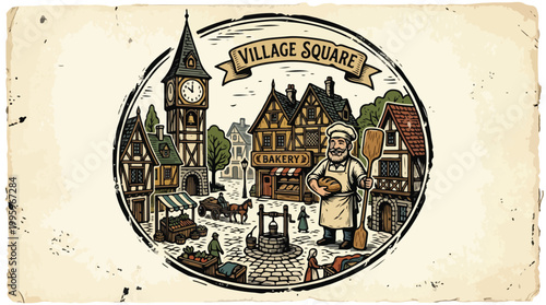 village square clock tower scene.