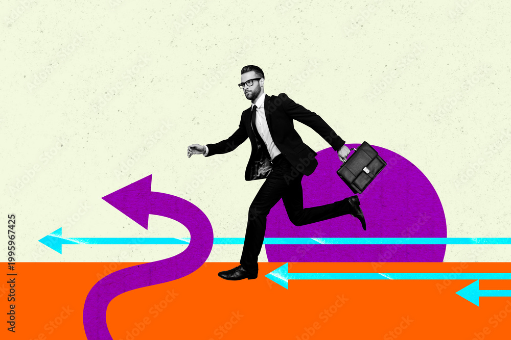 Fototapeta premium Image pop 3d zine full collage of happy businessman businesswoman stand arrow development career chance promotion employee