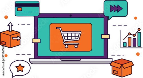 Online shopping cart on laptop with boxes and credit card