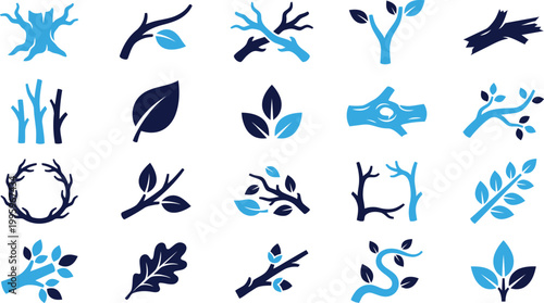 Obraz na płótnie Set of stylized tree branches leaves and broken wood icons in blue and navy colors