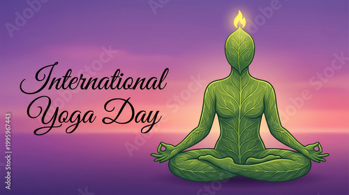 International yoga day celebration with a green leafy human meditating in peaceful nature setting illustration