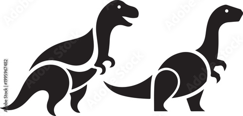 Two stylized black dinosaur silhouettes walking together, prehistoric creatures graphic