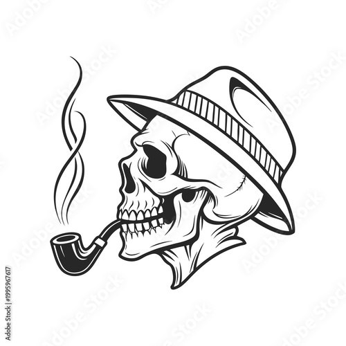 Skull smoking cigar with fedora hat