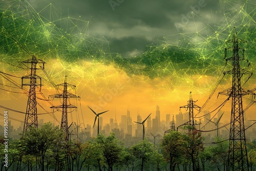 Energy Lines Create a Magical Glow Over a Bustling City Skyline at Dusk Generative AI