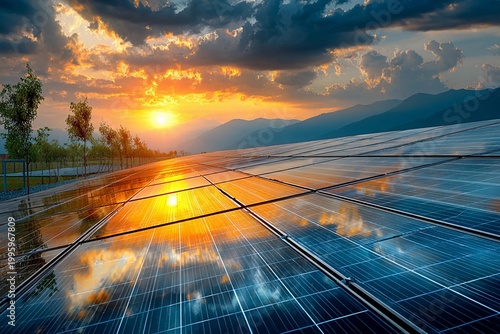 Sunset Over Solar Panels Illuminating the Future of Renewable Energy Generative AI