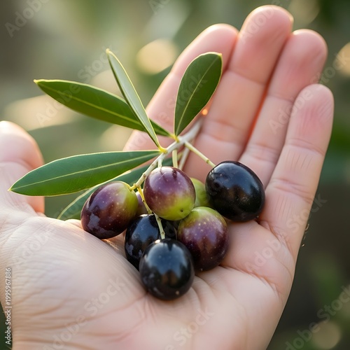 Hand holding fresh olives with leaves, close-up shot.