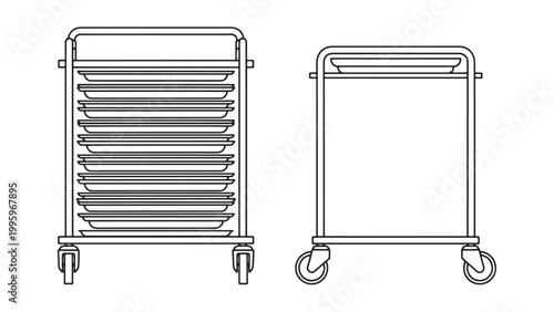 Minimalist Line Art Illustration of Commercial Kitchen Utility Carts, Front View with Trays and Side Profile of Serving Trolley on Wheels.