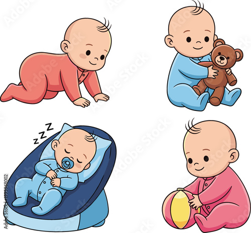 Set of cute baby activities crawling sleeping playing with toy and holding teddy adorable infant cartoon vector illustration isolated on light background