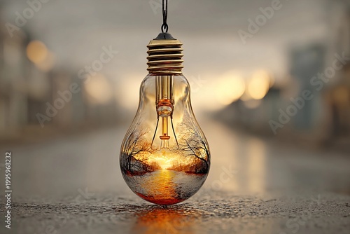 Radiant Light Bulb Captures the Essence of Nature's Serene Beauty at Sunset Generative AI