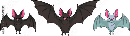 Bat Cartoon Characters Set with Flying Halloween Animals Cute Nocturnal Mammals Wings Spread Flat Vector Illustration Collection
