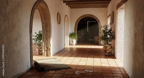 Sunlit arched hallway in a rustic Spanish style hacienda home.