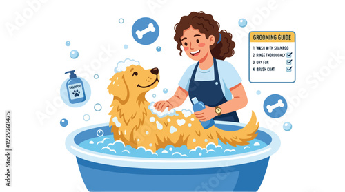 Woman bathing golden retriever dog.