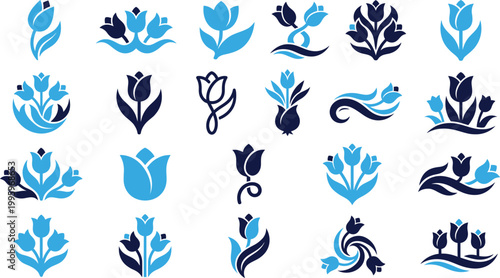 Floral tulip icons in blue and dark blue.