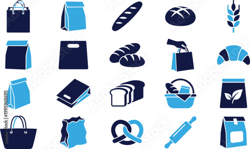 Assortment of bakery items and packaging including bread bags and baked goods.