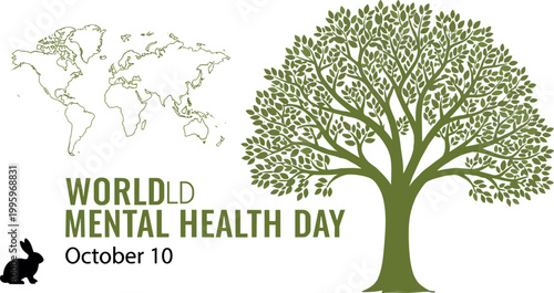 World mental health day illustration with tree shaped brain concept global map and nature elements promoting awareness and wellbeing