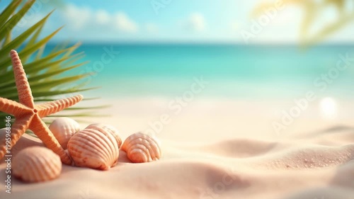 Summer beach with seashells starfish and tropical leaves border on sandy surface, ocean background