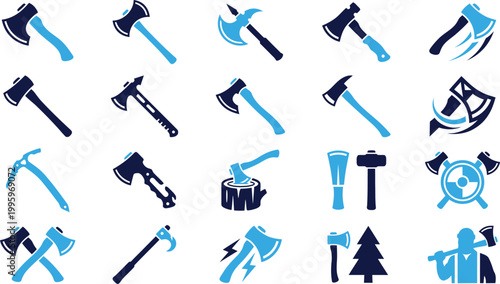 Variety of blue axe and lumberjack tool icons for woodworking forestry and chopping themes.