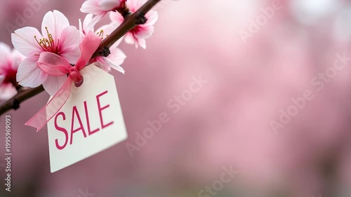 Spring sale tag tied to blooming cherry blossom branch with pink ribbon