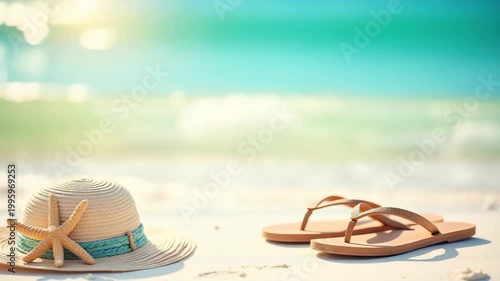 Summer beach with flip flops sunhat and starfish on white sand surface, soft turquoise ocean background