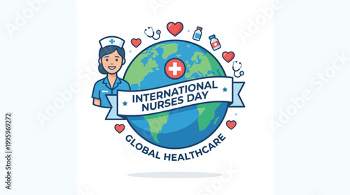 Nurse icon surrounded by world map and medical symbols