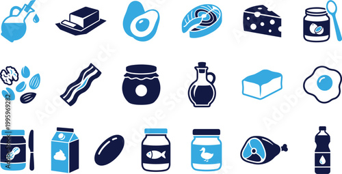 Assortment of blue healthy food and nutrition icons for diet and wellness lifestyle themes.