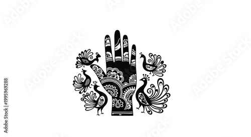 Intricate henna design on hand with decorative peacocks