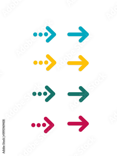Right Arrow Icon Set, Colorful Navigation Arrows with Dots, Minimal UI Direction Symbols Vector Collection