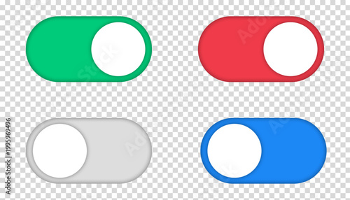 Set of colorful toggle switch buttons in red, green, grey, and blue for UI design, vector illustration on transparent background