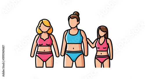 Three diverse women in swimwear, standing together, friendship concept.