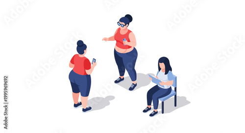 Three diverse women interacting and using technology in a modern setting.