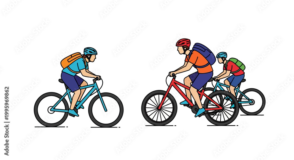 Fototapeta premium Three Cyclists Enjoying a Sunny Day Riding Mountain Bikes.