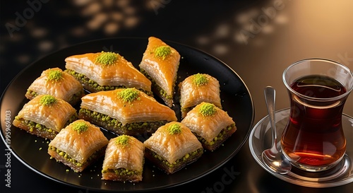 Delicious Baklava Dessert with Tea - A Sweet Culinary Delight.