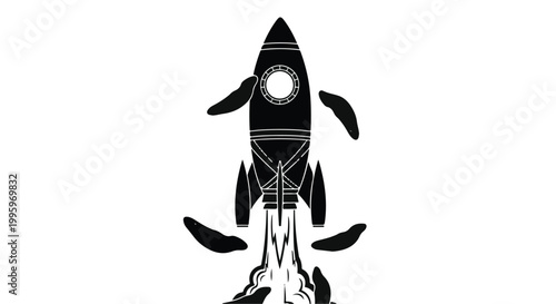 Silhouette of a rocket launching into space with fiery exhaust and detached fins.