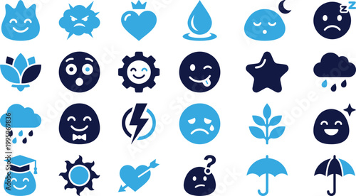Collection of emoji and weather icons showing emotions, weather conditions, and symbols.