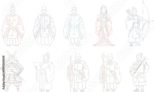 Japanese Ancient Historical Figure Character Set with Samurai, Archer, Noble, Monk, and Royal Court Costumes for Cultural Designs