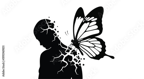 Silhouette of a person transforming into a butterfly, symbolizing change and freedom.