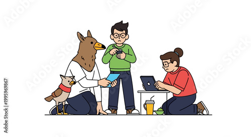 Three diverse individuals collaborate with technology, sharing ideas and working together.