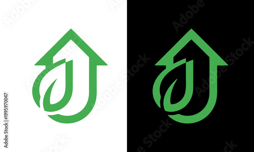 Green logo design featuring leaf and arrow on white and black backgrounds
