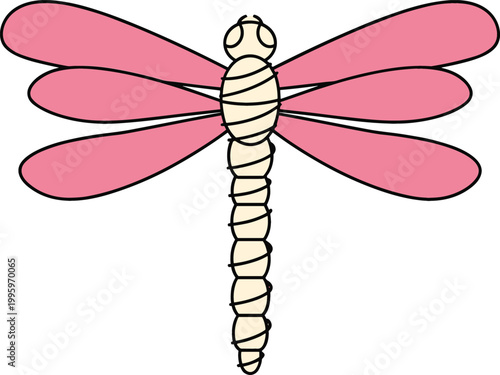 Simple dragonfly illustration with pink wings minimal insect design nature vector icon isolated on light background