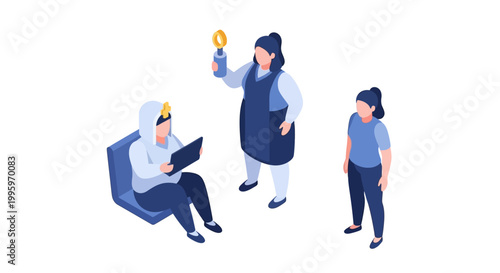 Three diverse people interacting with each other in a modern setting.