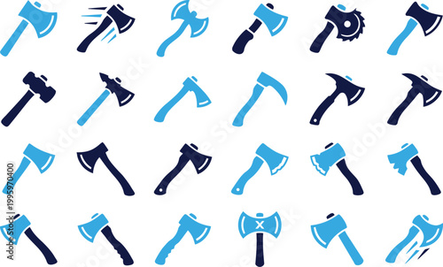 Collection of axe icons representing different styles and types of axes for various uses and purposes.