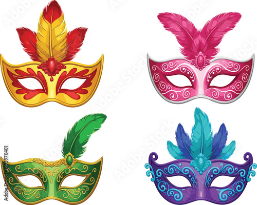 Venetian Carnival Masks Collection with Colorful Feather Decorations Festive Party Costume Accessories Flat Vector Illustration Set