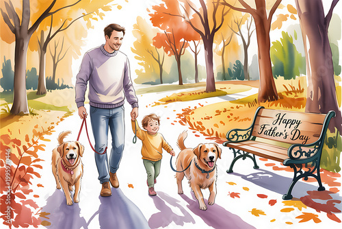 A man and a child walking with two dogs in a park on transparent background