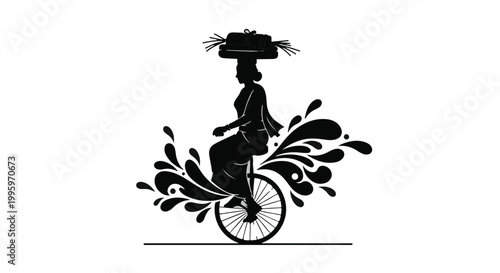 Silhouette of a woman in traditional attire balancing goods on her head while riding a unicycle with water splashes.