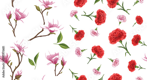 Magnolia branches and red carnation seamless floral pattern with botanical elements illustrating romantic flowers, spring design, and decorative textile vector illustration