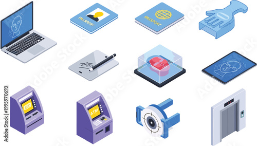 Biometric Security and Identification Set with Fingerprint Scanner Passport ATM Laptop and Access Control Devices Isometric Flat Vector Illustration