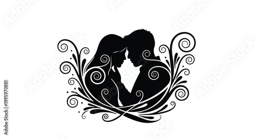 Intimate silhouette of a couple embracing with decorative swirls